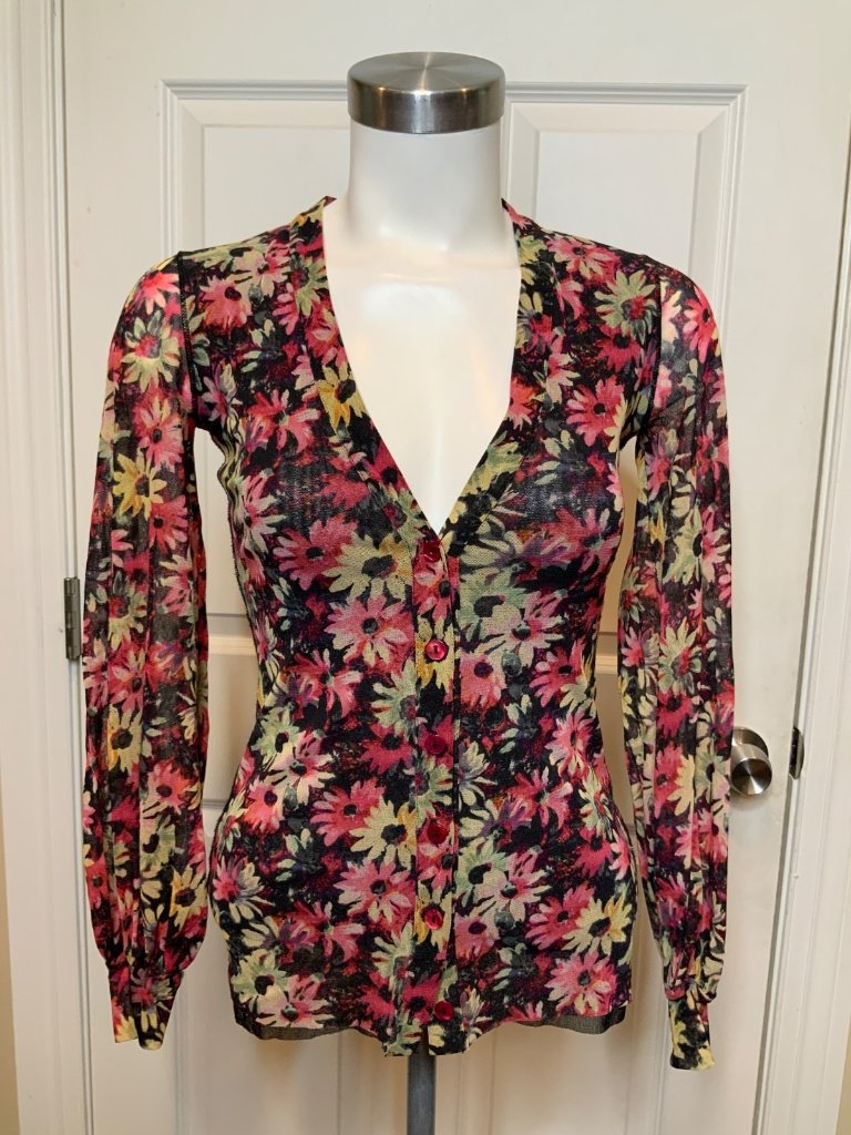 Jean Paul Gaultier Soleil Pink Black Floral Mesh Button-Up V-Neck Top, Size Xs